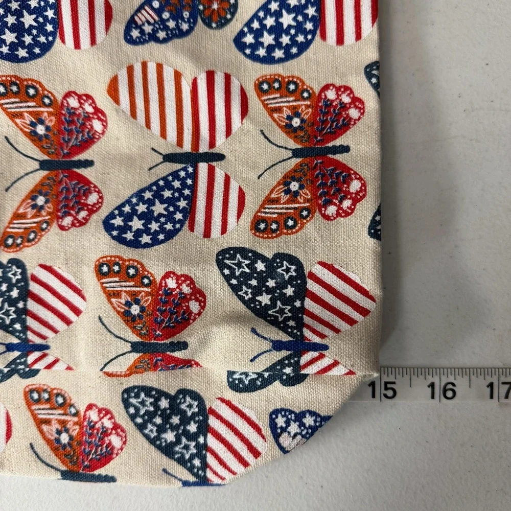 Canvas Boho Butterfly Flag Print Tote Bag Red White Blue Pom‎ Pom Red Straps